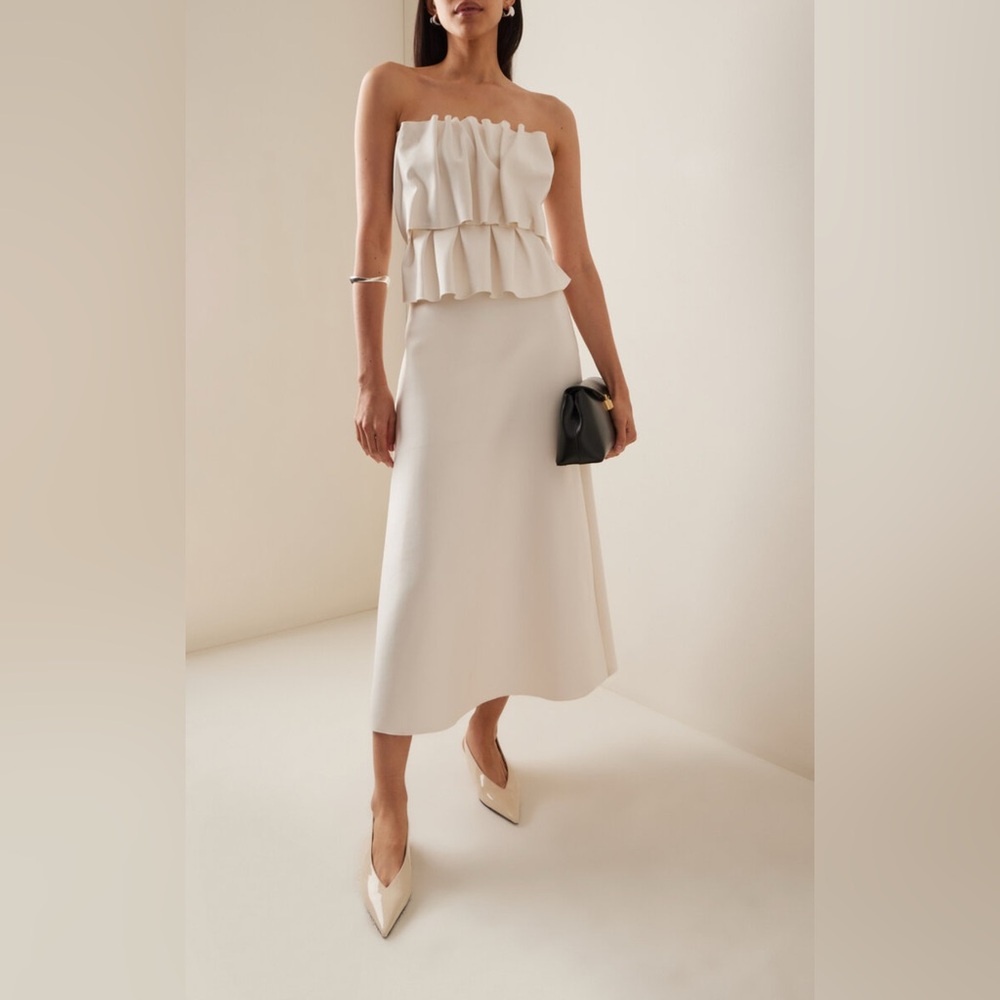 House of Dagmar Ruffled Stretch-Crepe strapless midi dress in white